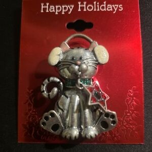 Pewter Cat Brooch with Red Star Charm